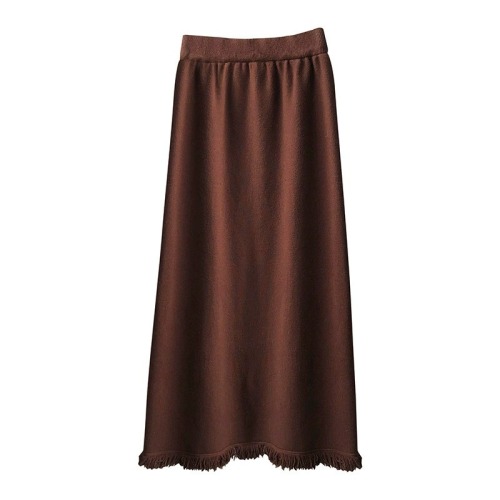 Already shipped knitted skirt for women autumn and winter thickened mid-length fringed slit A-line straight one-step hip covering