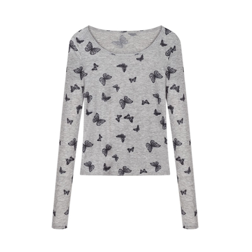Hot Girl Gray Butterfly Print T-Shirt Women's Spring and Autumn Thin Slim Fitting Underwear Short Top 