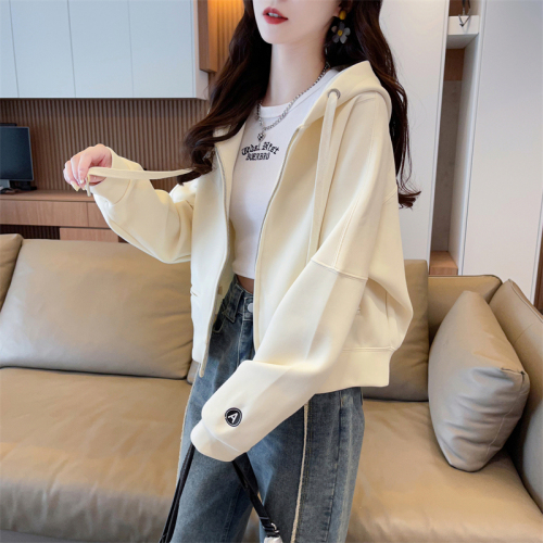 Real shot 100 polyester 2024 autumn new solid color cardigan hooded top for women