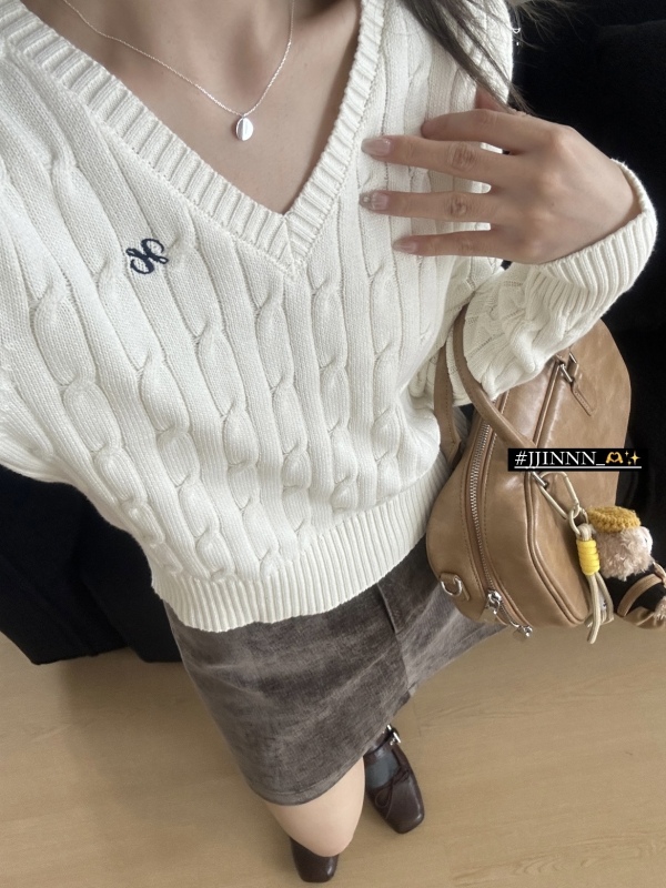 HEYGIRL Black Brother, Seoul Arts High, Textured V-Neck Knit Top with Embroidery for Women - Autumn New Arrival