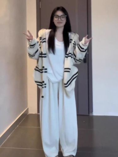 慵懒风高级感条纹毛衣女秋季2024年新费尔岛针织开衫连帽外套秋冬