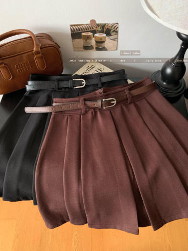 Real shot of red lips, thickened pleated skirt, autumn and winter slimming A-line Korean suit skirt with belt