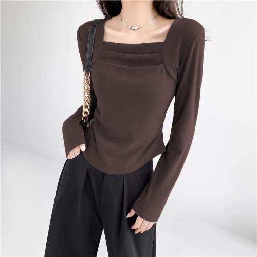 Official photo: Threaded velvet bottoming shirt for women, autumn and winter inner wear, thickened velvet long-sleeved T-shirt, square neck top