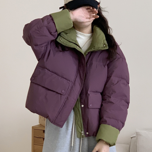 Actual shot of Korean version 2024 new color-blocked down jacket for women, short, fashionable, loose stand-up collar, thickened jacket