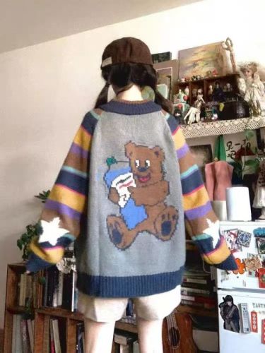 2024秋冬季复古撞色彩虹条纹毛衣针织开衫慵懒圆领拉链宽松外套女