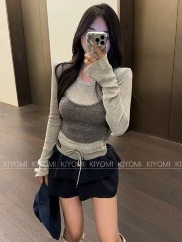 KIYOMI 2024 new autumn Korean style contrasting color stitching fake two-piece tops women's slim round neck long-sleeved sweater