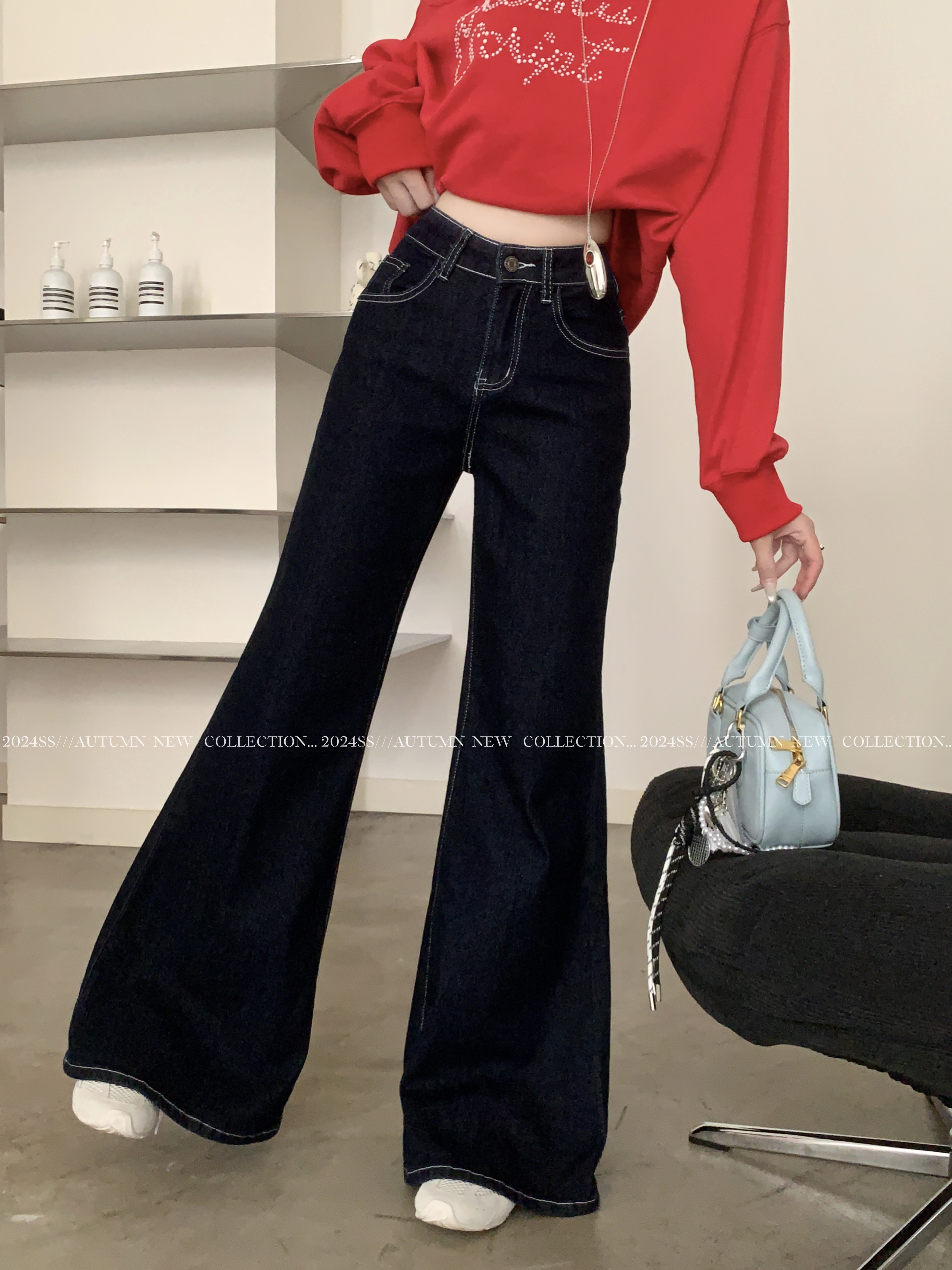 Shot High-waisted Elastic Slimming Lined Basic Denim Wide-leg Micro-raw Pants