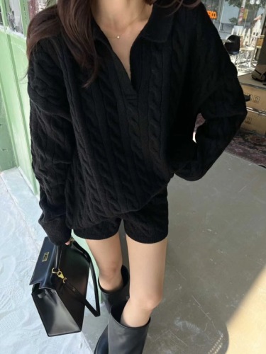 Korean style new lazy style POLO collar sweater pullover sweater + casual shorts suit for women