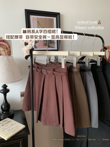 Real shot of red lips, thickened pleated skirt, autumn and winter slimming A-line Korean suit skirt with belt