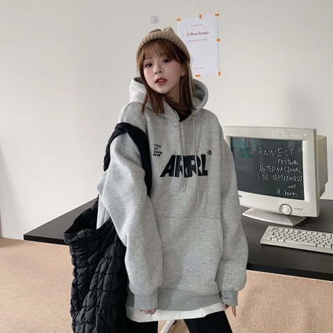 Women's Korean Style Trendy Loose Casual Long Sleeve Ins Thick Hooded Sweatshirt cec