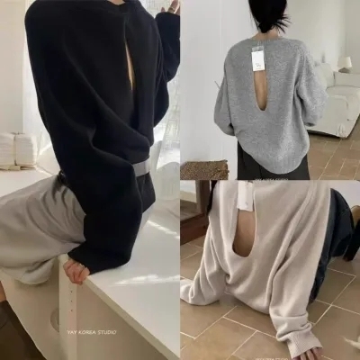 Exclusive type Korean simple commuting design, hollow backless loose round neck knitted sweater