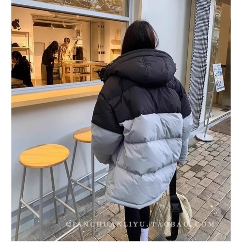 Hooded thickened cotton coat for women winter Korean style retro color matching design niche cotton coat loose and versatile cotton jacket