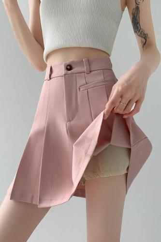 Real shot of dark gray skirt for women to look slim spring and autumn college style summer suit skirt jk short skirt a fake two-piece skirt