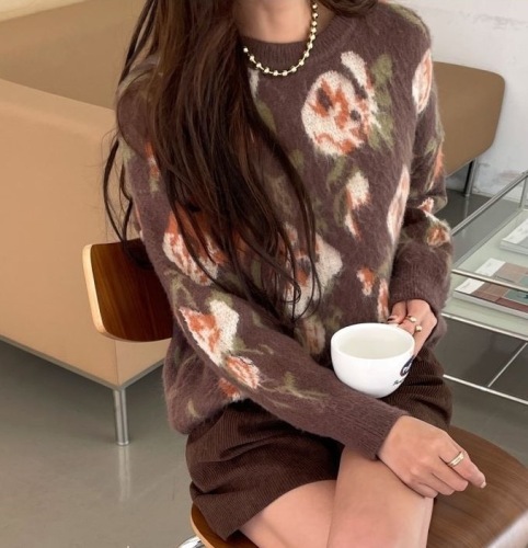 Official Women's Loose Knit Sweater with Dye-Sprayed Floral Print, Round Neck, Hand-Worked Blue Knit Cardigan, Autumn