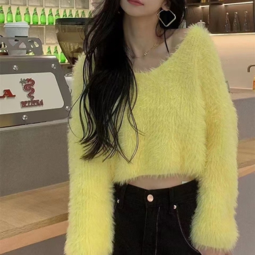 Lazy style soft waxy mink velvet short sweater for women autumn and winter new loose off-shoulder inner knitted sweater long-sleeved top