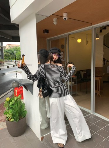 Actual shot Korean retro design slanted shoulder Tencel cotton striped T-shirt