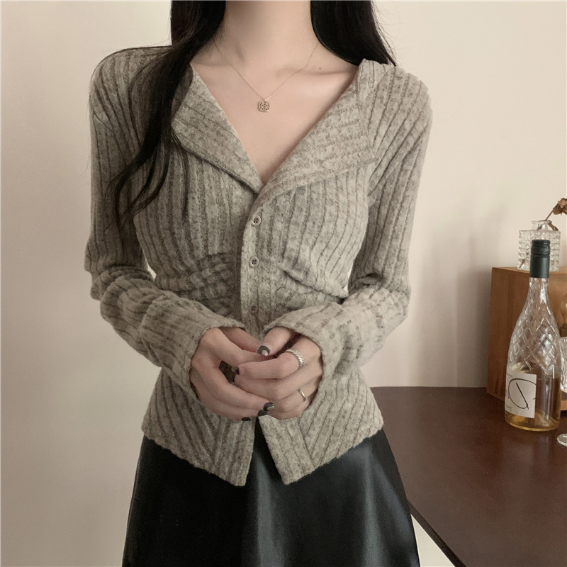 Real shot, real autumn new style lapel long-sleeved knitted cardigan slim fit top