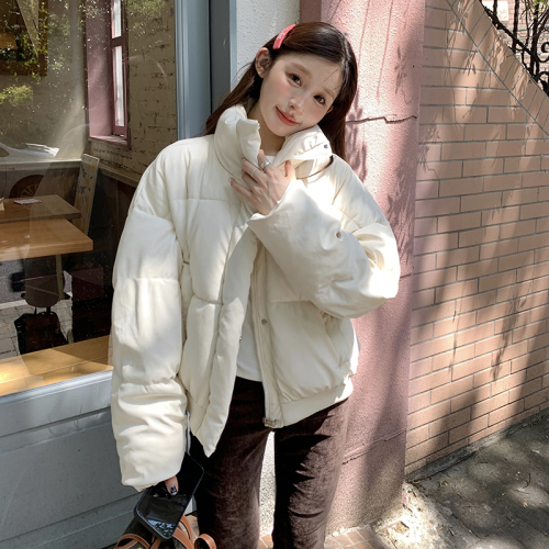 Real shot PU leather couple model 2024 new winter short style American high street trendy brand stand collar loose bread jacket