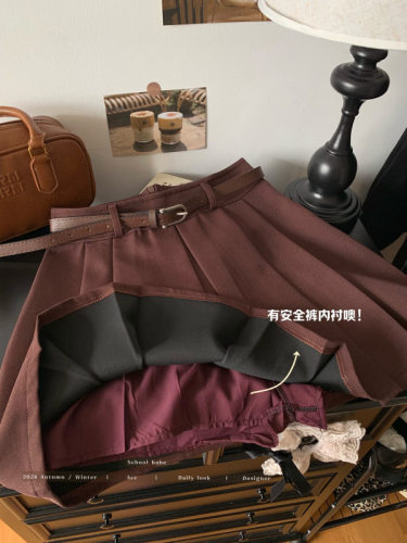 Real shot of red lips, thickened pleated skirt, autumn and winter slimming A-line Korean suit skirt with belt