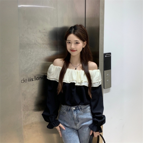 Actual shot of one-shoulder blouse for women with ruffled design, French super fairy sweet and spicy off-shoulder chiffon blouse for women