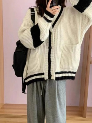 Korean style lazy college style sweater jacket for women spring and autumn loose retro striped mid-length knitted cardigan top