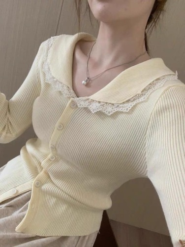 Autumn and winter design lace knitted cardigan for women new Korean style doll collar slimming temperament long sleeves