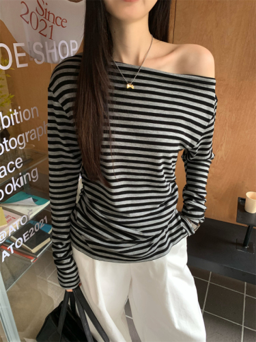 Actual shot Korean retro design slanted shoulder Tencel cotton striped T-shirt