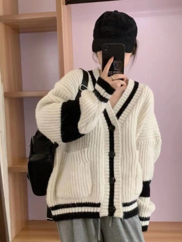 Korean style lazy college style sweater jacket for women spring and autumn loose retro striped mid-length knitted cardigan top