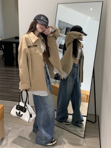 Actual shot ~ Lazy style Polo collar long-sleeved design fake two-piece shirt for women mid-length coat top