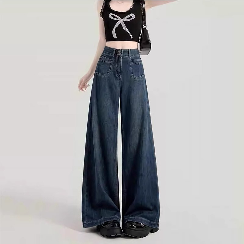 American Retro Wide Leg Jeans for Women 2024 New Style Versatile High-Waist Loose Slimming Drape Straight Drop-Waist Pants