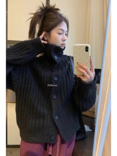 Korean chic autumn and winter niche retro high collar single-breasted loose casual versatile long-sleeved pit knitted sweater for women