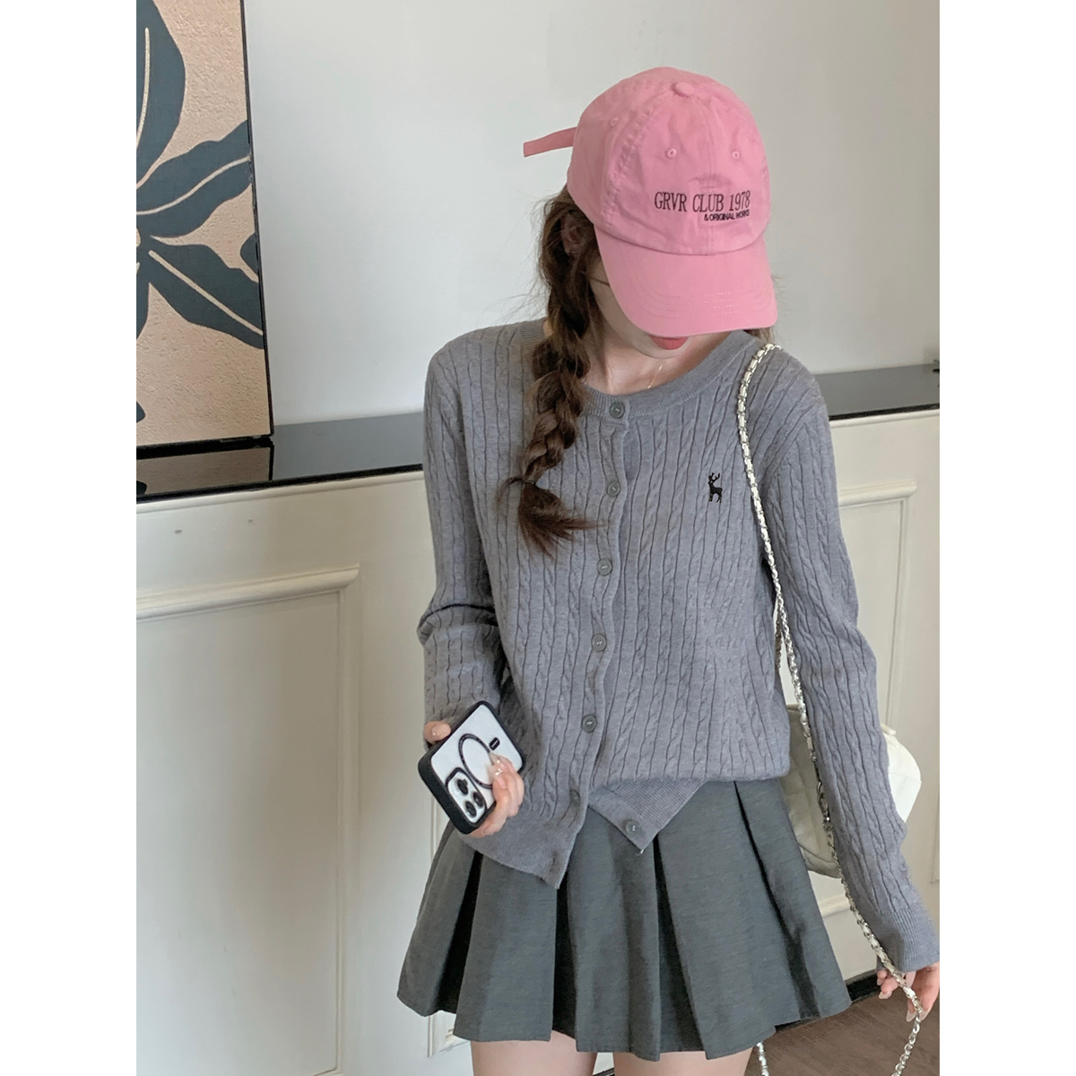 Real shot of autumn and winter Korean style loose twist age-reducing single-breasted Andy velvet knitted long-sleeved cardigan top for women