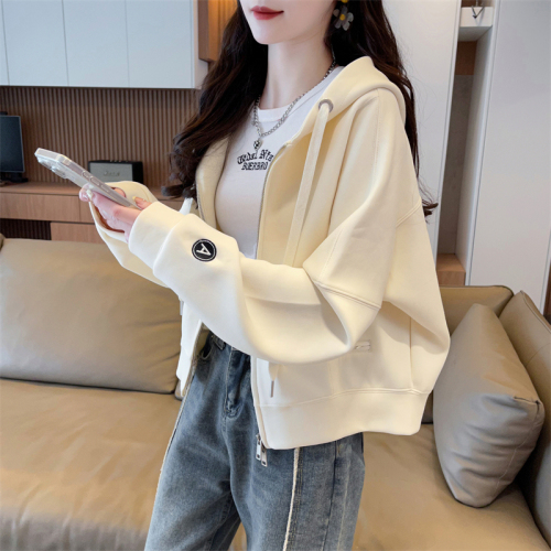 Real shot 100 polyester 2024 autumn new solid color cardigan hooded top for women