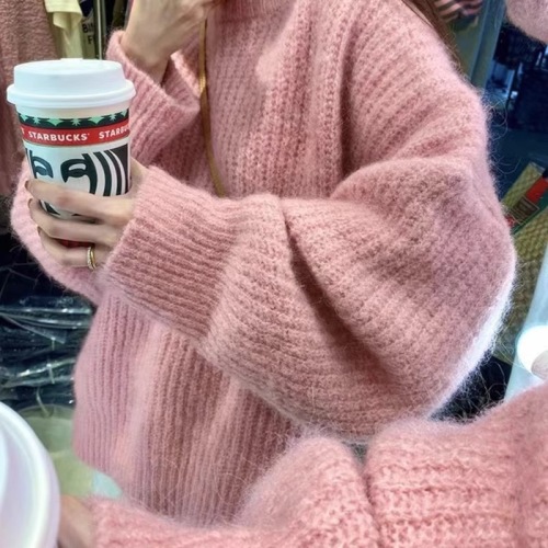 Korean lazy style pink loose pullover first love pink sweater for women in autumn and winter style cashmere