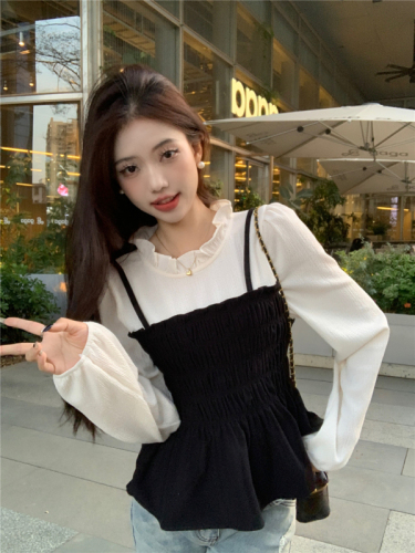 Real shot Korean style puff sleeve fake two-piece shirt for women autumn new slim slim long-sleeved top