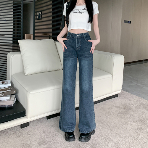 Actual shot~Designed blue washed straight jeans for women, new retro high-waisted wide-leg pants, trendy trousers