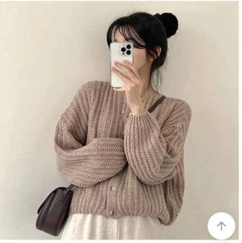 Korean women's CRKO spring and autumn lazy solid color loose round neck long-sleeved sweater cardigan sweater top