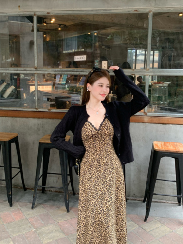 Real shot of retro V-neck leopard print dress + pitted cardigan jacket