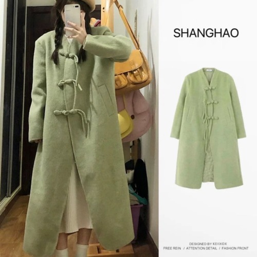 Women's woolen coat winter new Chinese style retro national style mid-length buckle woolen coat small person loose and thickened