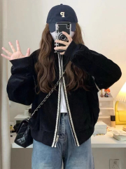 Black American-style baseball jacket for women, 2024 Autumn/Winter new sweet loose retro petite college-style top and outerwear