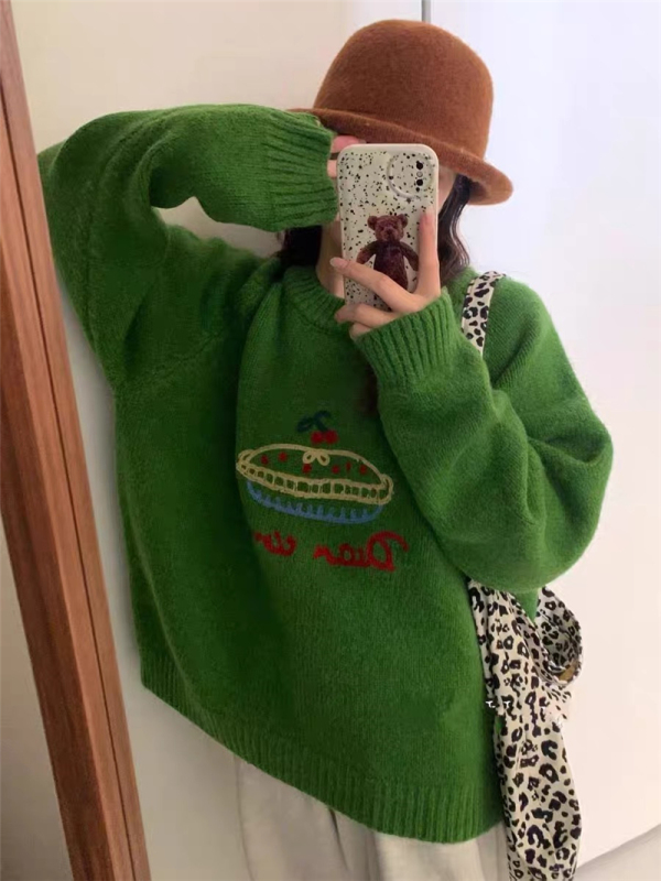 Korean style super nice lazy style sweater for women, new autumn and winter loose and cute embroidered cartoon top