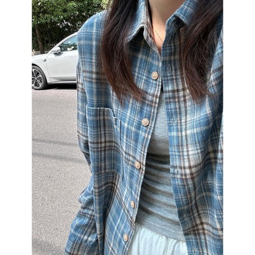 National fashion brand blue plaid long-sleeved shirt for women spring and autumn loose oversize Harajuku style casual versatile shirt trendy