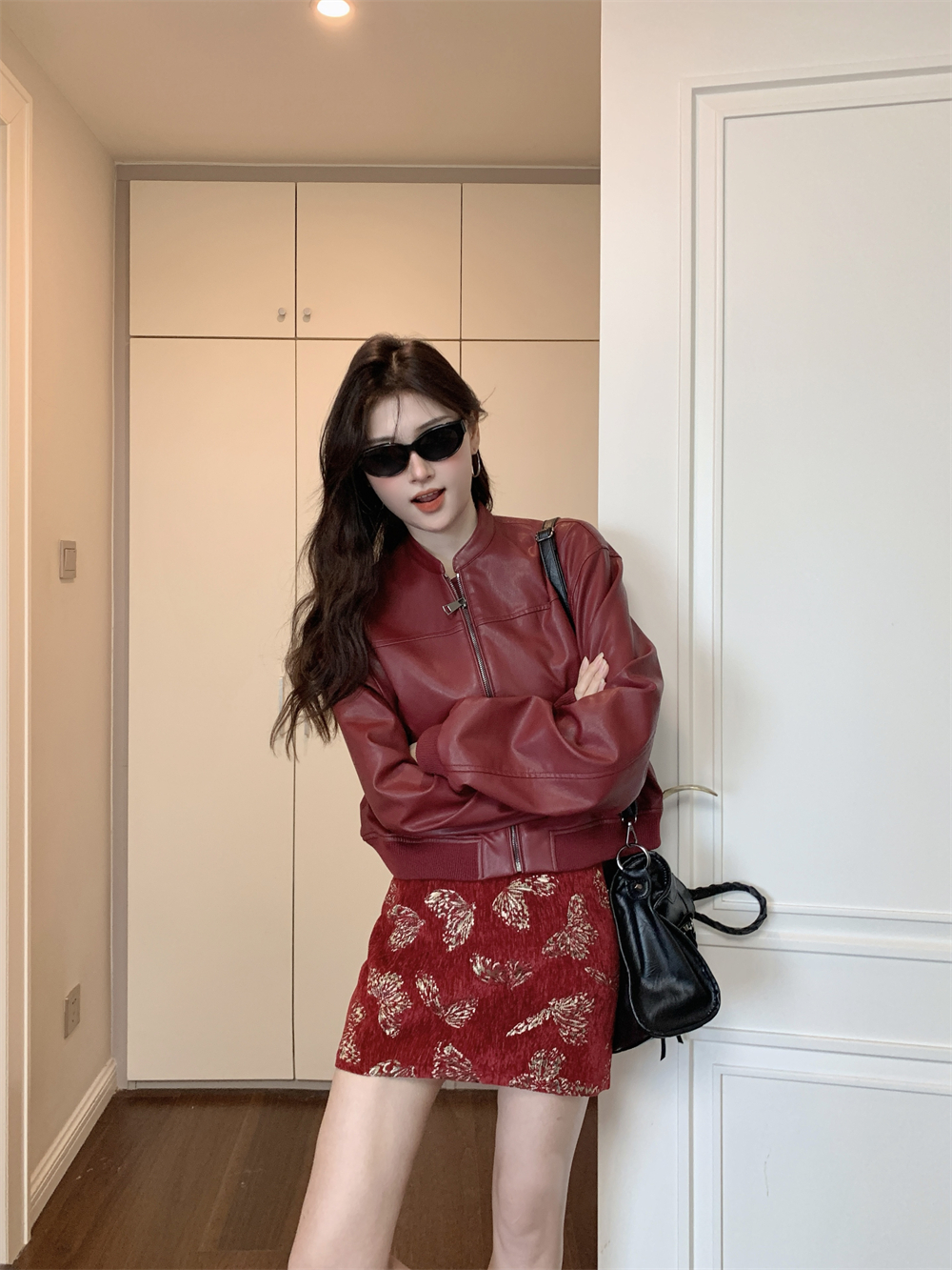 Ankora red pu leather jacket for women autumn 2024 new style American retro zipper motorcycle jacket top