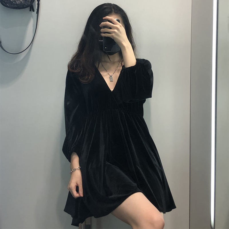 胖MM春秋季法式復古名媛鬆緊高腰黑色V領長袖金絲絨連衣裙女