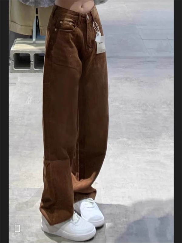 American retro brown pants for women oversize autumn high waist slim loose straight brown wide leg jeans