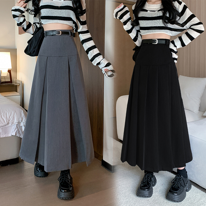 Gray high-waist pleated skirt for women early autumn new design college style mid-length skirt umbrella skirt A-line skirt