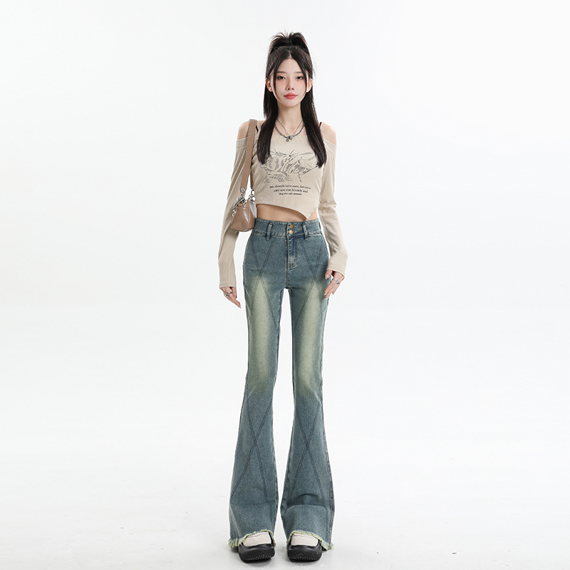 American high street retro topstitched double-button slightly spicy jeans for women in autumn new high-waist slim raw edge pants