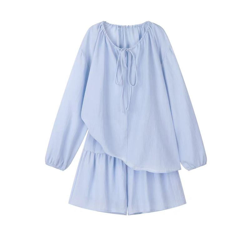 The official picture is not a real shot. Korean style simple round neck drawstring top, long sleeve sun protection two-piece suit, sweet skirt for women