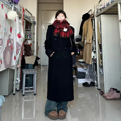 Hepburn style black woolen coat for women autumn and winter new style mid-length double-breasted woolen coat high-end