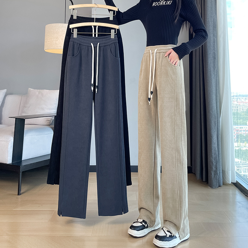 加絨加厚闊腿褲女2024新款冬季雪尼爾直筒垂感窄版燈芯絨休閒褲子